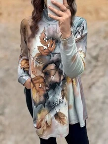 EMERY ROSE 大碼樹葉印花高領不對稱下擺T恤 - 彩色 - 查看 5