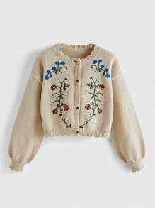 ROMWE Kawaii Women's Floral Embroidered Lantern Sleeve Cardigan - Apricot - View 1