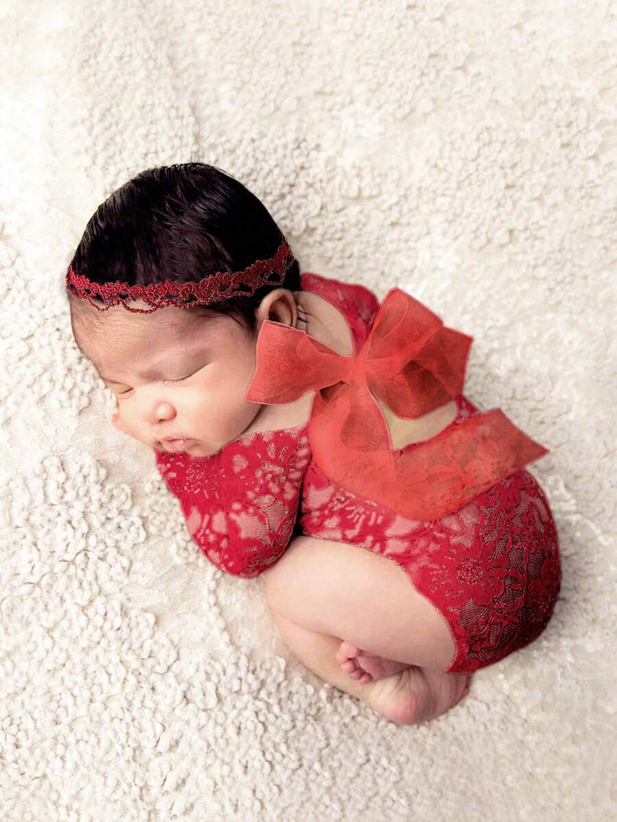 Newborn Baby Girls' Lace Romper With Headband Photography Set - Red - View 1