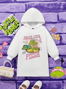 TEENAGE MUTANT NINJA TURTLES | SHEIN 少女卡通圖案下擺寬鬆帽裝連身裙春秋款 - 白色 - 查看 4