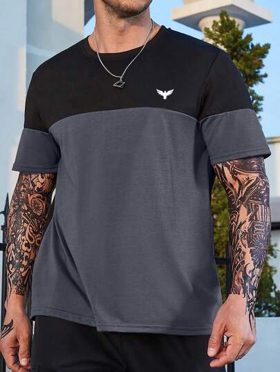 Extended Sizes Men Plus Color Block Bird Printed T-Shirt