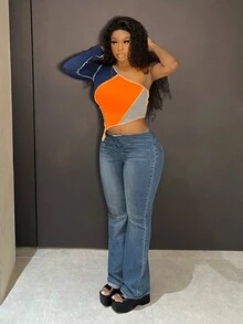 Slaydiva Color Block Asymmetrical Hem T-Shirt - Multicolor - View 4