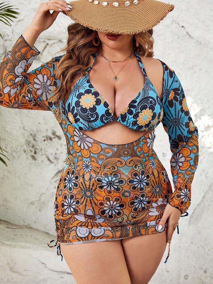 Plus Size Women's Floral Print Halter Neck Bikini With Tie Waist Carnival Summer