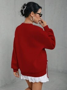 SHEIN EZwear 女性束口口袋圓領毛衣 - 紅色 - 查看 4