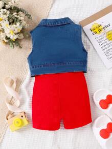 SHEIN Young Girl Denim Vest Jacket With Single Breasted Closure And Overall Shorts Set - Red - View 2