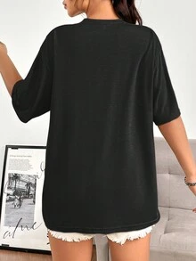 INAWLY Women's Black Loose T-Shirt With Slogan Print - Black - View 2