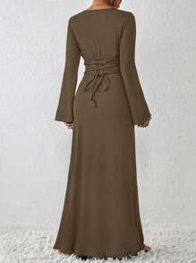 SHEIN LUNE Ladies' Solid Color Back Cross Strap Dress - Chocolate Brown - View 2