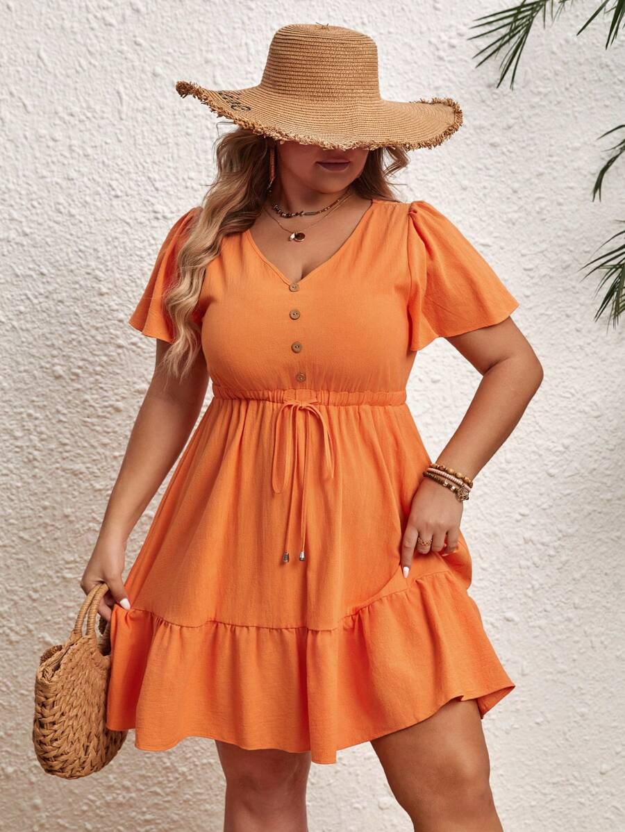 SHEIN VCAY 大尺碼女款抽繩腰部荷葉邊下擺連身裙 - 橘色 - 查看 1