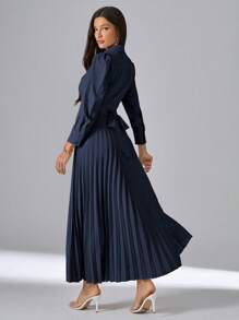 SHEIN Privé Women's Turn Down Collar Pleated Hem Dress - Navy Blue - View 2