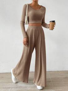 Almamuse Women's Crop Top And Loose Pants Set With Ribbed Design Fall Cloth For Women - Brown - View 4