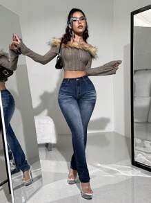 SHEIN ICON Y2k Blue Elastic Low-Rise Slim Fit Straight Leg Jeans With Letter Embroidery For Casual Wear - Blue - View 5