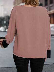 SHEIN Franclia Plus Size Women's Colorblock Long Sleeve Shirt - Dusty Pink - View 2