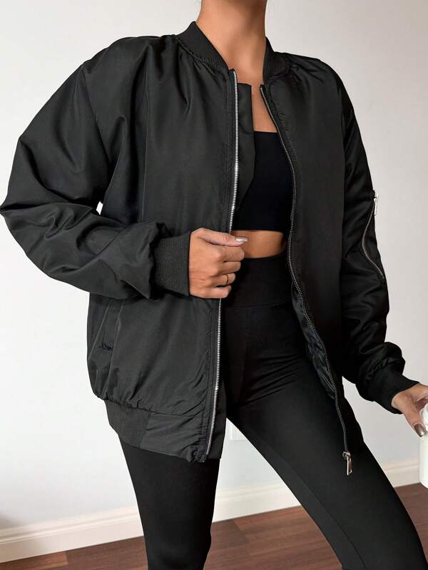 SHEIN Women'S Solid Color Zipper-Up Casual Jacket