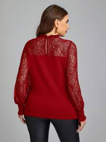SHEIN Clasi Plus Size Women's Lace Patchwork Top - Red - View 2