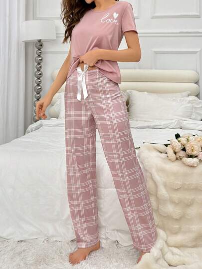 Letter Heart Print Pajama Set Roze Wit Plaid Lounge Pants view 4