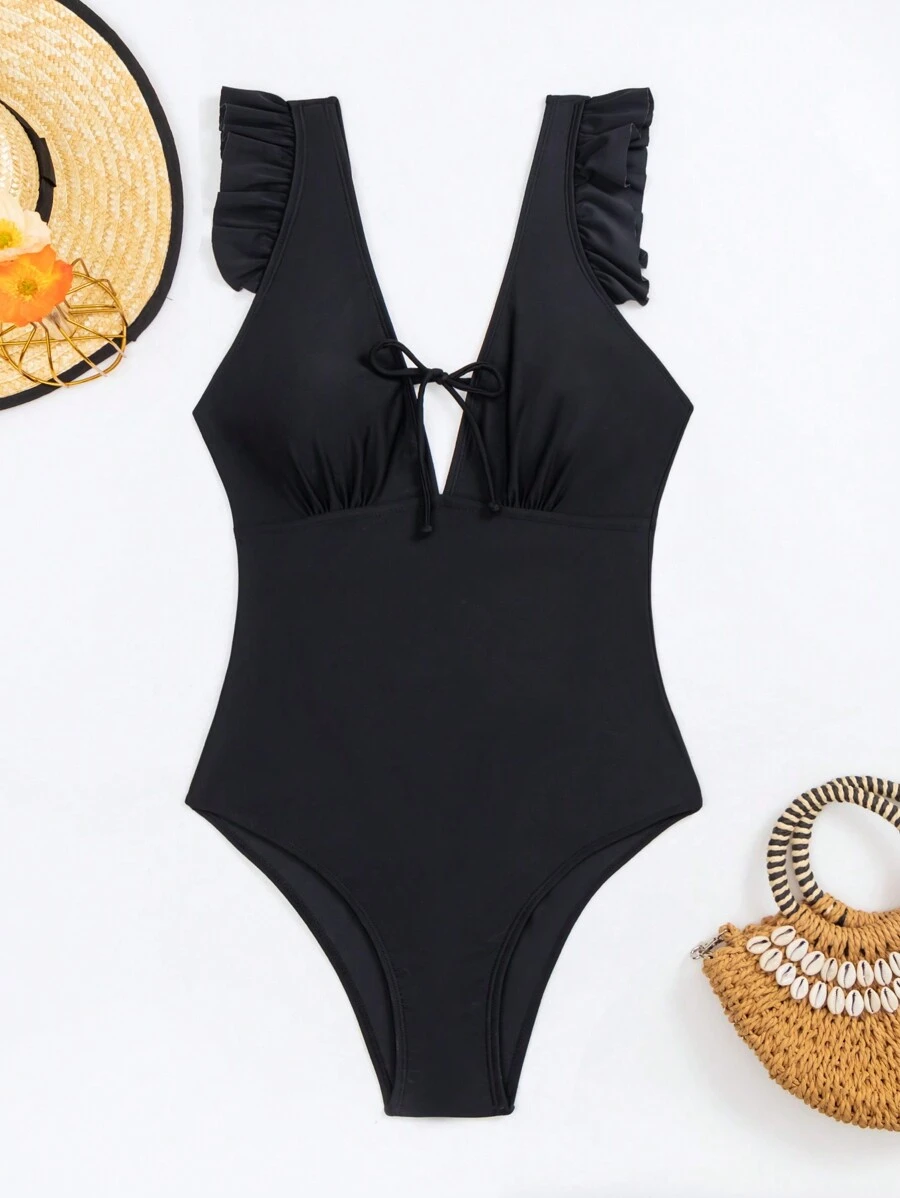 SHEIN Swim Quý cô Áo tắm một mảnh Với Viền Ruffle Và Cổ chữ V sâu Liên hoan âm nhạc - màu đen - Xem 1