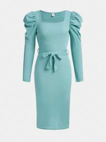 SHEIN 少女實色條紋方領大袖休閒連衣裙 - 青碧色 - 查看 1