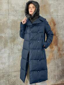 女式撞色连帽长款棉服大衣 - 霧霾藍 - 查看 3