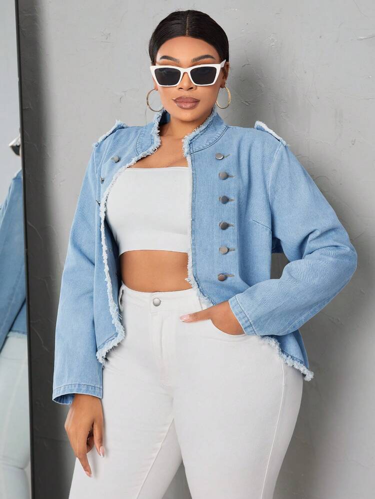 Plus Size Double Breasted Frayed Denim Jacket