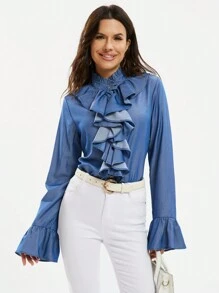 GENKIRA Women'S Long Sleeve Shirt With Ruffle Hem Fall Cloth For Women - Medium Wash - View 1