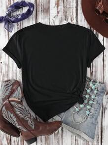 INAWLY Women's Bird Pattern Printed Short Sleeve T-Shirt - Black - View 2