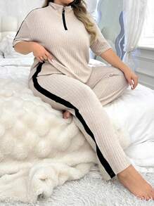 大尺碼女休閒拼色短袖睡衣套裝（側條紋） - 杏色 - 查看 4