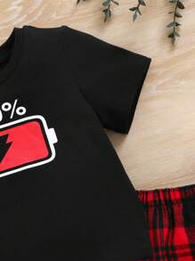 SHEIN Unisex Baby Fun Battery Pattern T-Shirt Top And Plaid Shorts Pajama Set, 2pcs - Burgundy - View 6