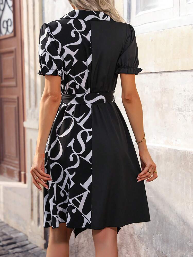 Women's Patchwork Letter Printed V-Neck Dress