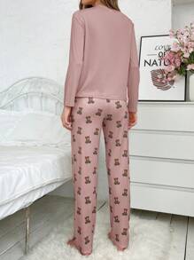 Cartoon Bear Printed Long Sleeve & Pants Pajama Set - Dusty Pink - View 2