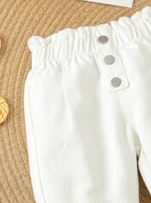 SHEIN Vintaside Kids 2条装女童高腰纸袋扣牛仔裤，时尚秋冬款 - 彩色 - 查看 3