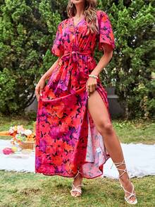 SHEIN VCAY 花卉印花側開衩繫腰帶女式度假連身裙 - 彩色 - 查看 4