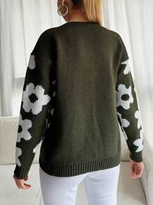 EURMUSE Floral Pattern Button Up Cardigan - Army Green - View 2