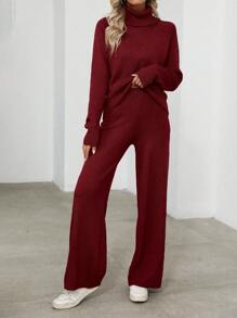 SHEIN LUNE Của phụ nữ Giải trí Cổ cao Áo len Và Quần ống rộng Bộ - Màu Đỏ Sâu - Xem 3