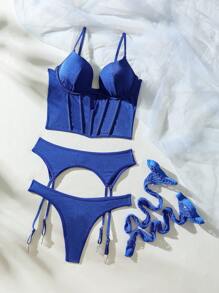 SHEIN Chất rắn Cắt ra Garter Bộ đồ lót Với vớ 1pair - Xanh đậm - Xem 4