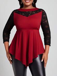 SHEIN Lady Plus Size Women'S Lace Patchwork T-Shirt - Multicolor - View 3
