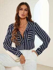SHEIN Privé Sọc Tay áo dài Áo sơ mi - Màu xanh hải quân - Xem 5