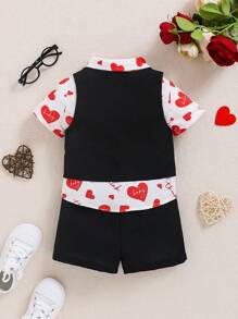 SHEIN Baby Boys' Gentleman Outfits, Heart Pattern Casual Shirt, Solid Color Vest, Shorts, 3pcs/set - Red - View 3