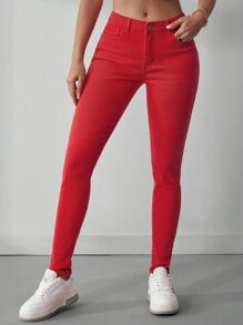 SHEIN Essnce Pantalones Vaqueros De Cintura Media Ajustados Para Mujer - Rojo - Ver 6