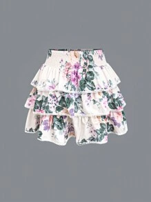Sunnyshic Plus Size Floral Print Multi-Layered Skirt With Lace Detailing And Ruffled Hem - Multicolor - View 2