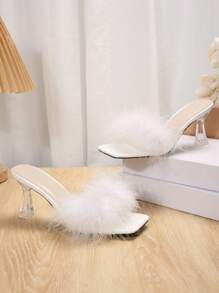 夏季新款高跟透明水晶裝飾拖鞋皮草露趾設計時尚百搭 - 白色 - 查看 3