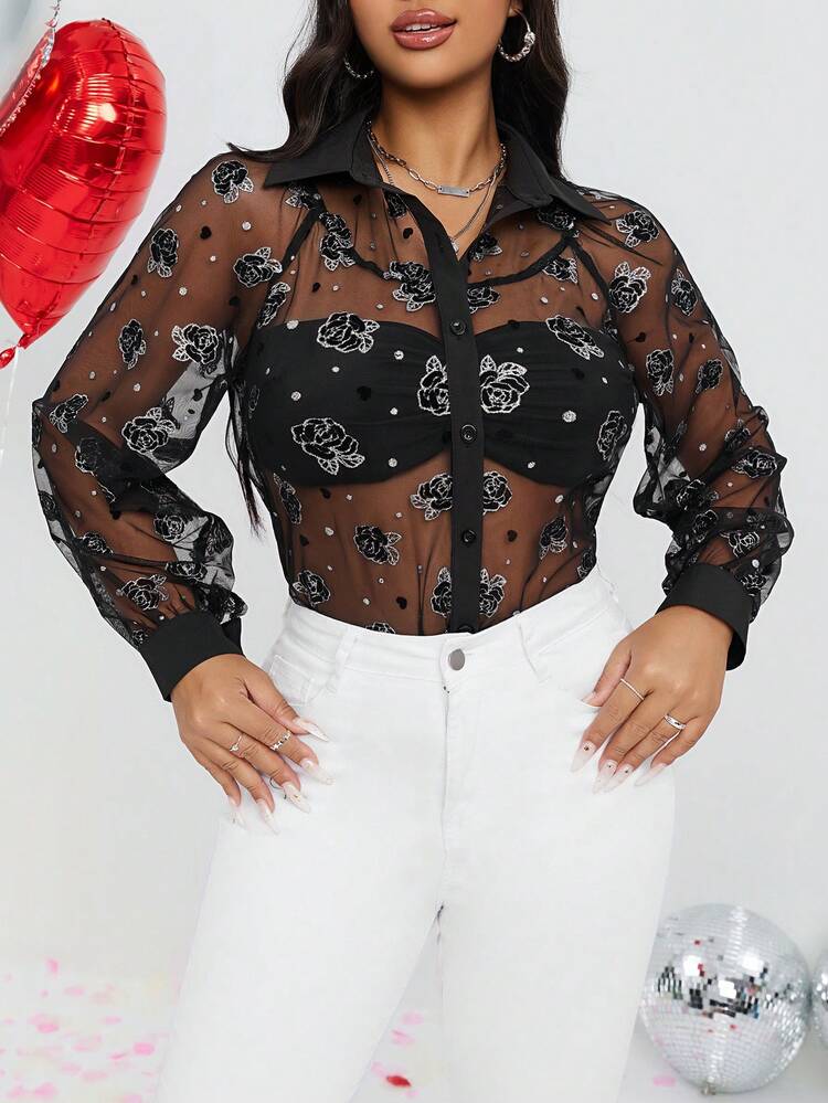 1pc Lantern Sleeve Floral Embroidery Mesh Shirt