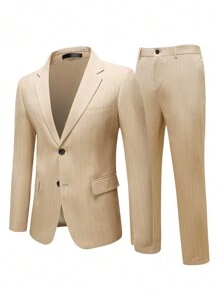 Manfinity Mode Men'S Striped Notched Lapel Single Breasted Blazer And Dress Pants Set - Khaki - View 1