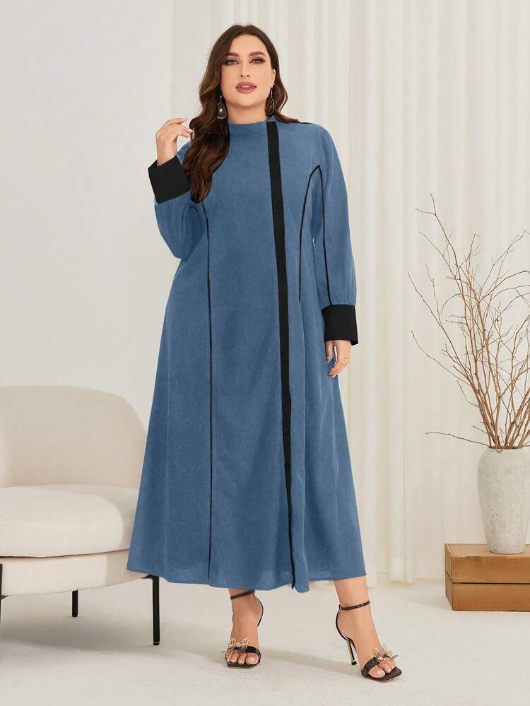 Plus Size Women's Arab Stand Collar Color Block Dress