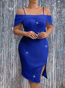 Maweii Plus Size Women's Shimmering Open Shoulder Dress - Royal Blue - View 4