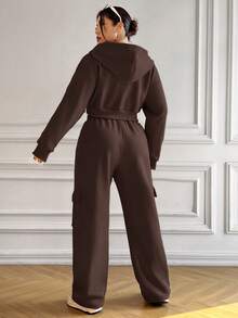 SHEIN EZwear 大尺碼搭配翻蓋連帽運動衫、前拉鍊和運動褲套裝 - 咖啡棕 - 查看 2