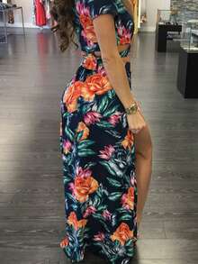 Floral Print V-Neck Top And Split Hem Skirt 2 Pieces Set - Blue - View 6