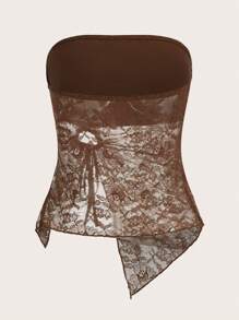 SHEIN ICON Women'S Asymmetrical Hem Lace Strapless Top - Coffee Brown - View 2