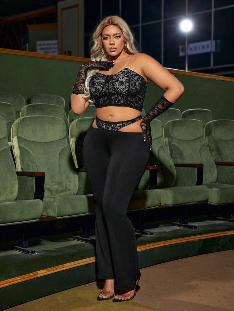 Plus Size Lace Crop Top And Hollow Out Spliced Pants Set