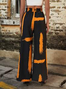 SHEIN LUNE 隨機印花繫帶腰褲 - 黑色 - 查看 2