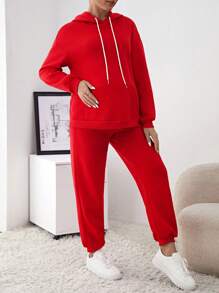 SHEIN 孕婦純色連帽衫和褲子套裝 - 紅色 - 查看 4